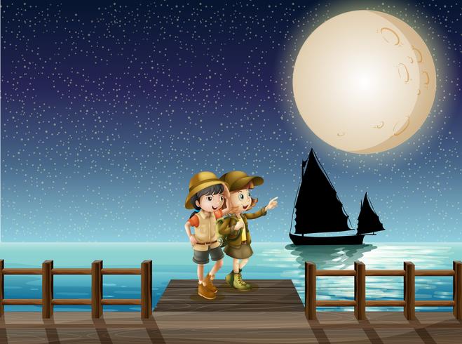 Two girls looking at fullmoon on the pier vector