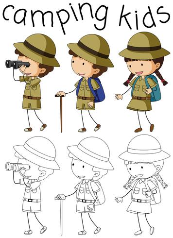 Doodle camping kids character vector