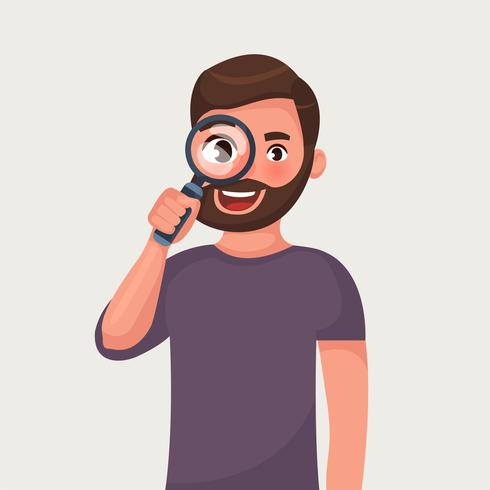 The man in glasses with beard is looking through magnifying glass and search. vector