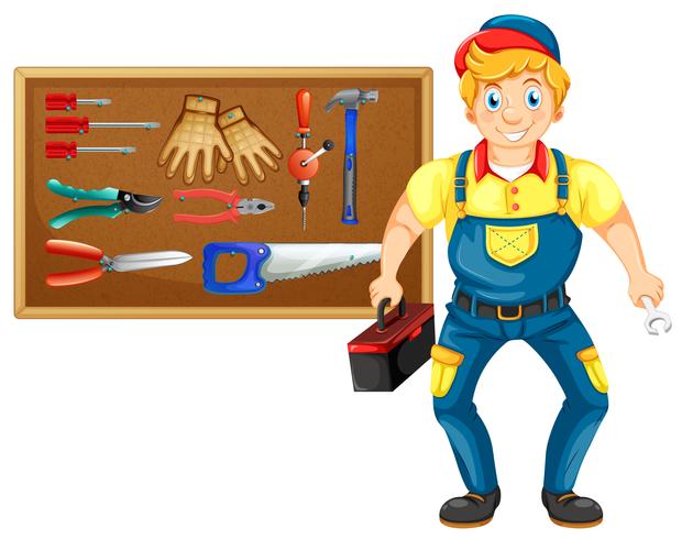 Repairman with lots of tools vector