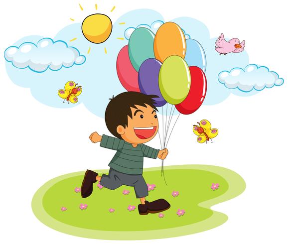 Little boy holding balloons in the park vector