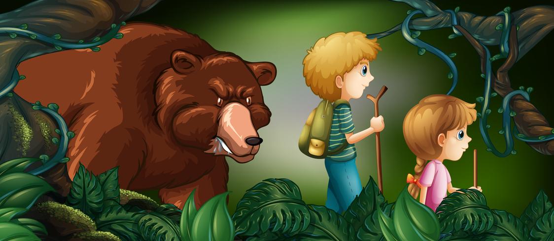Two kids hiking in deep forest with bear behind  vector