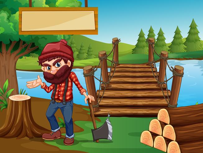 Lumber Jack cortando leña en el bosque vector