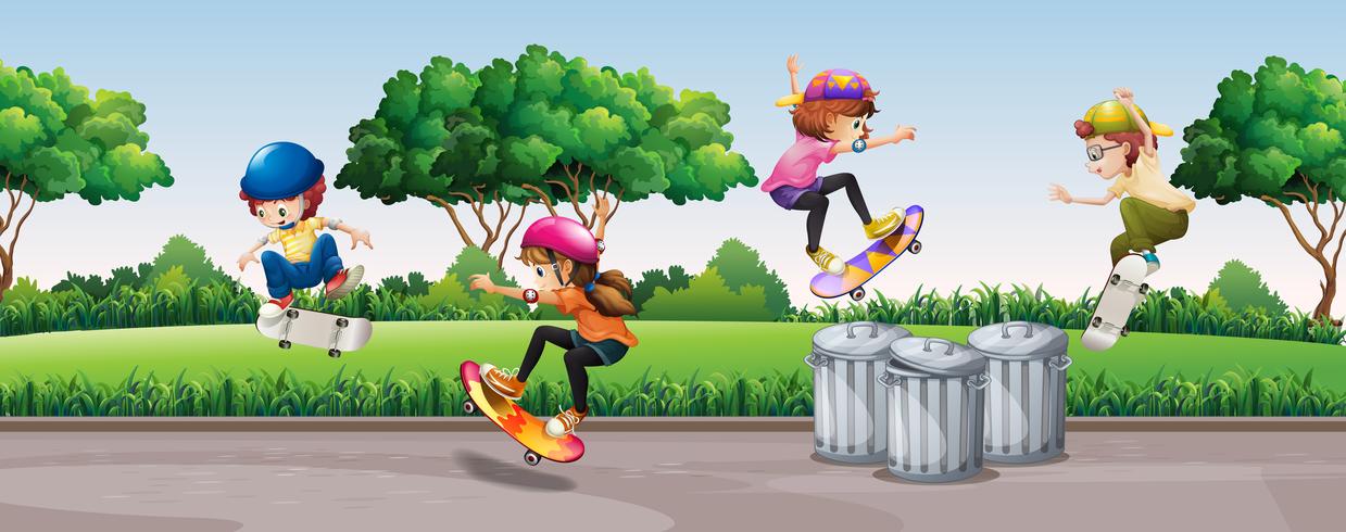 Four kids skateboarding in park vector