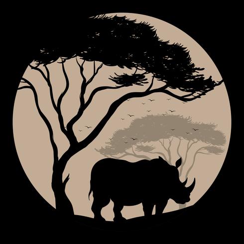 Silhouette background with rhino under the tree vector