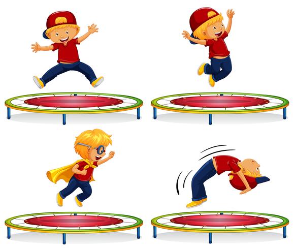 Boy jumping on red trampoline vector