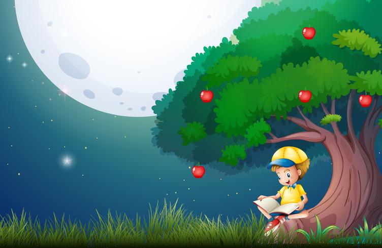 Boy reading book under apple tree vector