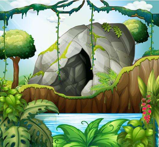 Scene with cave in the deep forest vector