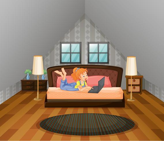 Girl working on computer in bedroom vector