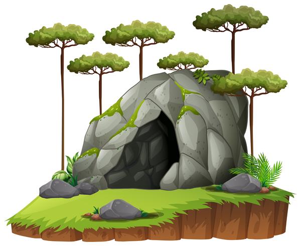 Escena con cueva y arboles. vector