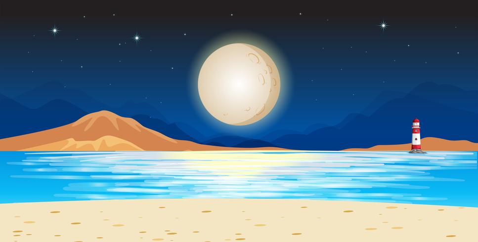 Ocean scene with lighthouse at night vector