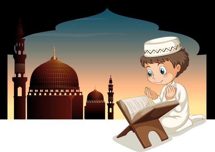 Muslim boy praying with mosque background vector