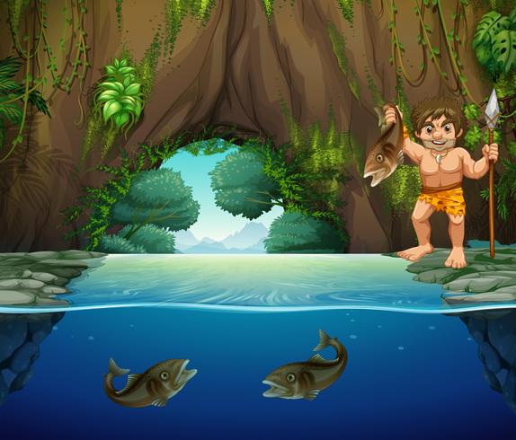 A Caveman Catching Big Fish vector