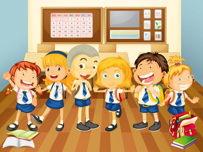 Niños en uniforme en el aula. vector