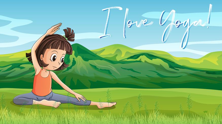 Chica haciendo yoga en el parque con frase l love yoga vector