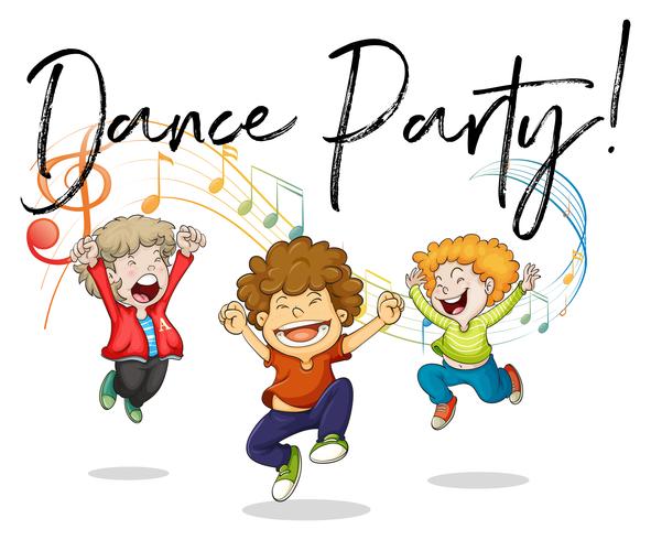 Three boys dancing with music notes in back vector