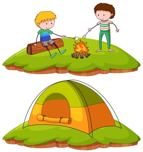 Niños acampando en el campo. vector