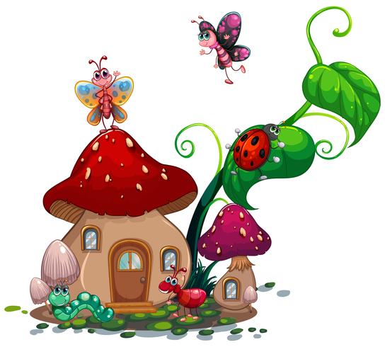 Casa de setas con muchos insectos. vector