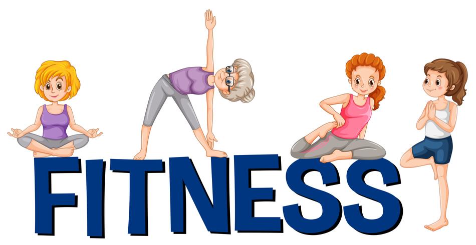 Diseño de fuente con la palabra fitness con personas haciendo ejercicio. vector