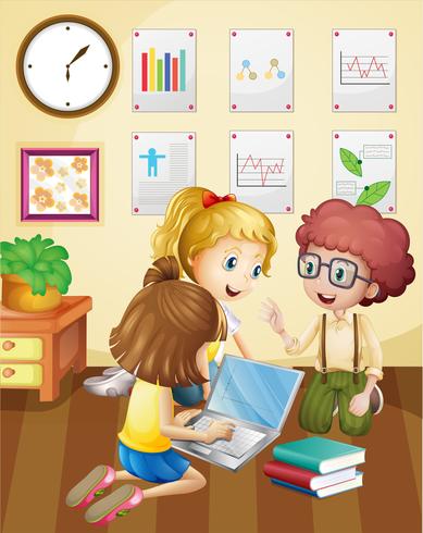 Three kids working in group in classroom vector