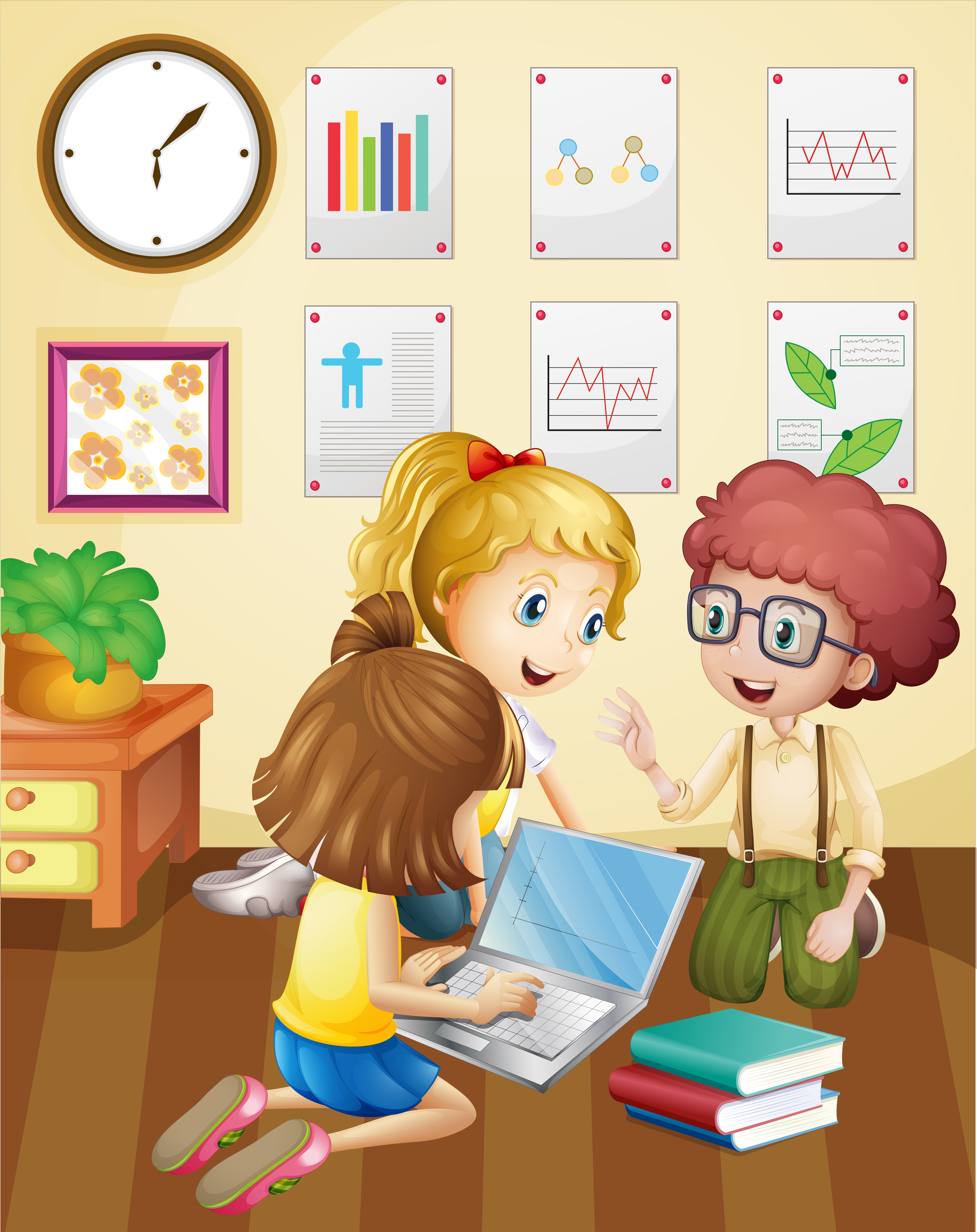 Three kids working in group in classroom 445936 - Download Free Vectors