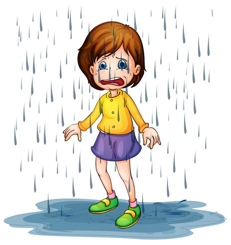 Niña triste de pie bajo la lluvia vector