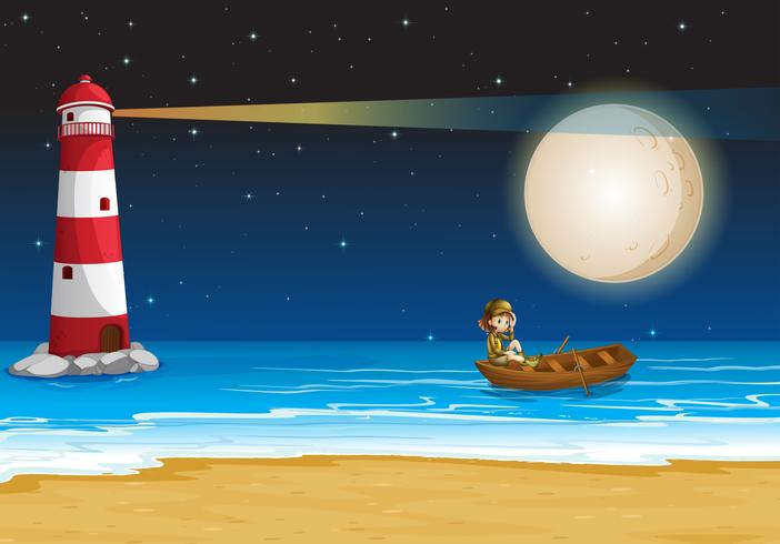 Scene with lighthouse at night time vector