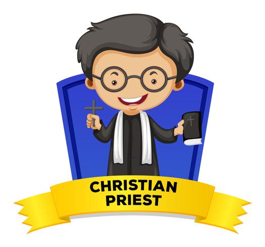 Diseño de etiqueta con sacerdote cristiano. vector