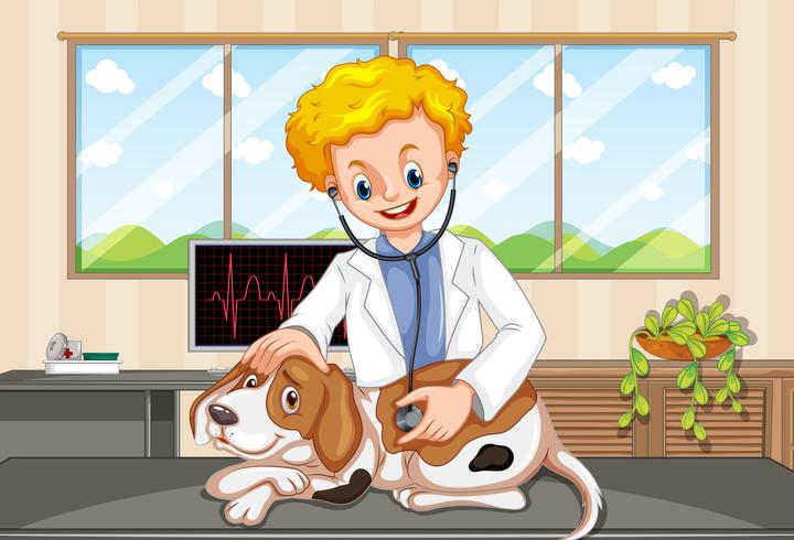 Veterinario y perro en la clínica vector