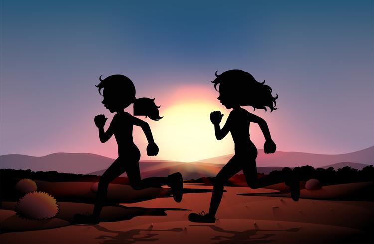 Dos chicas corriendo en el campo al atardecer vector