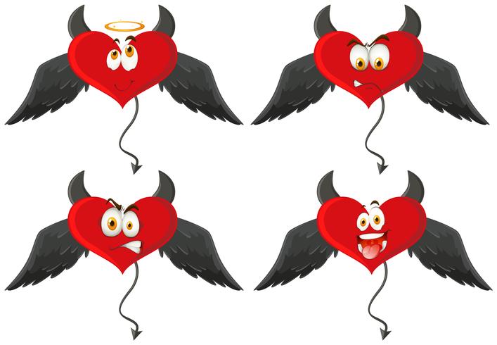 Four devil hearts with facial expressions vector