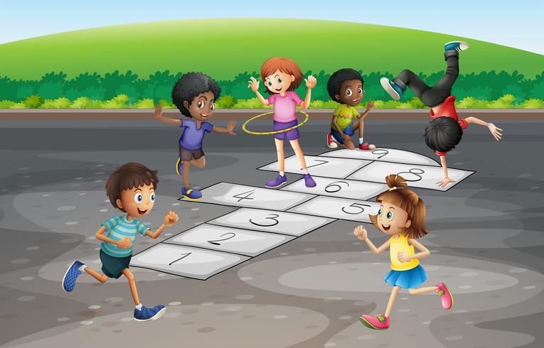 Many children playing hopscotch in the park vector