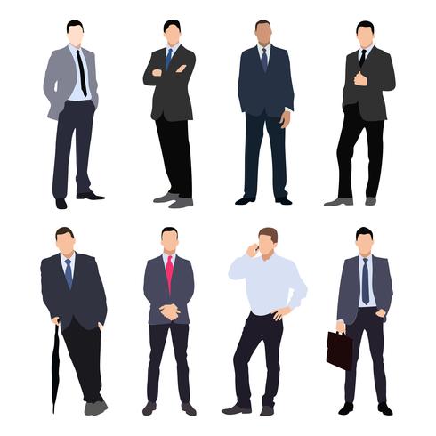 Collection of man silhouettes, dressed in business style. Formal suit, tie, different poses. vector