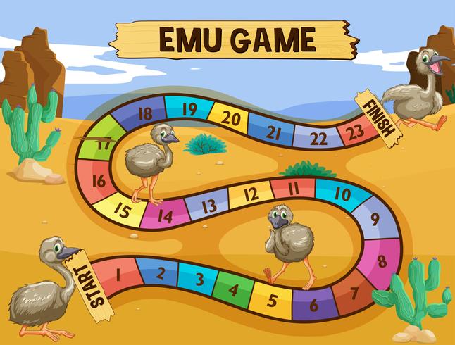 Plantilla de juego de mesa con emu en el campo. vector