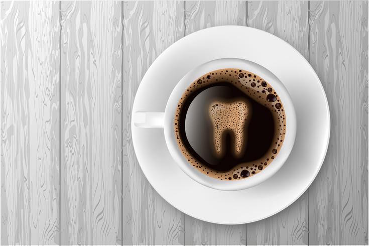 Cup of coffee with tooth from foam realistic vector illustration.