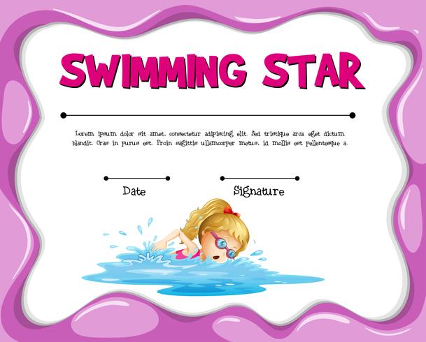 Plantilla de certificado de estrella nadadora con natación de niña vector