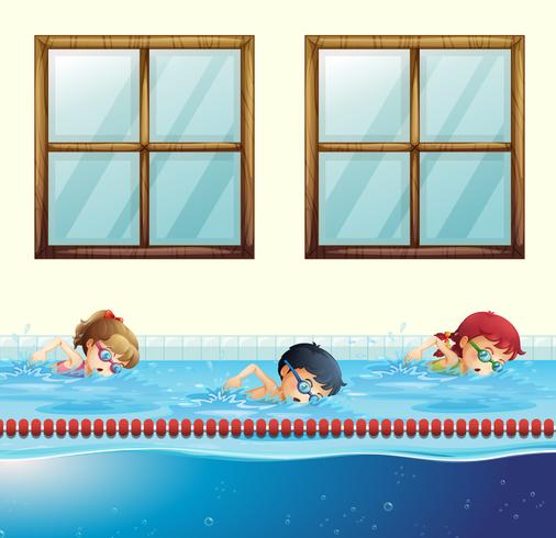 Tres niños nadando en la piscina vector