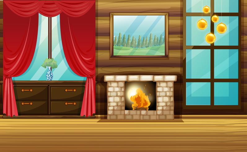 Room with fireplace and red curtain vector