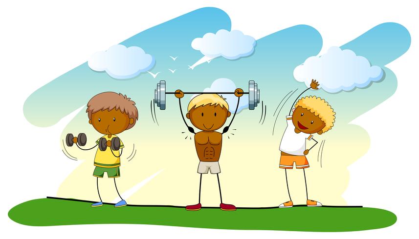 Three people doing weightlifting on the lawn vector