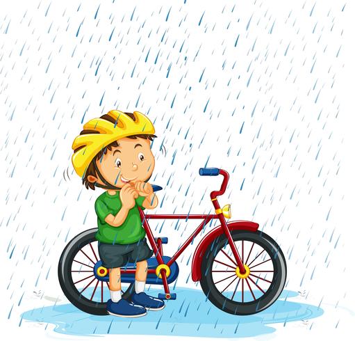 Niño montando bicicleta bajo la lluvia vector