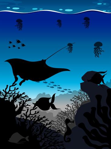 Silhouette scene with stingray and fish underwater vector