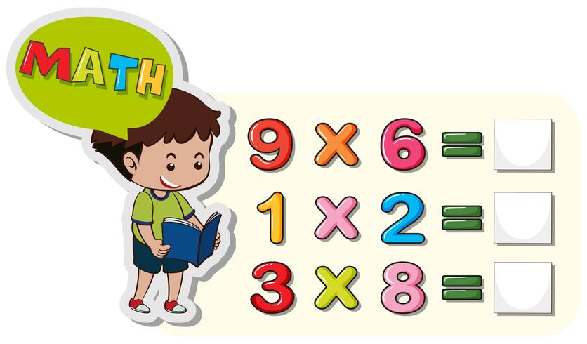 Math worksheet template with boy and multiplication problems vector