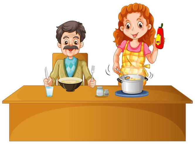 Padre y madre comiendo en la mesa vector