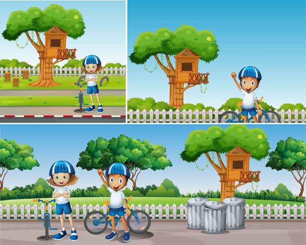 Kids riding bike in the park vector