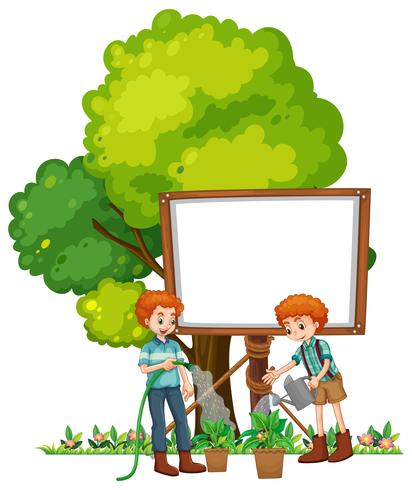 Father and son watering the plants vector