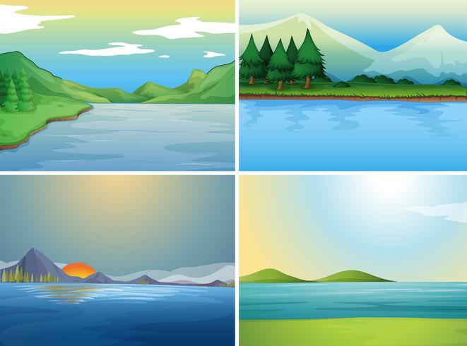 Four background scenes with lake and hills vector