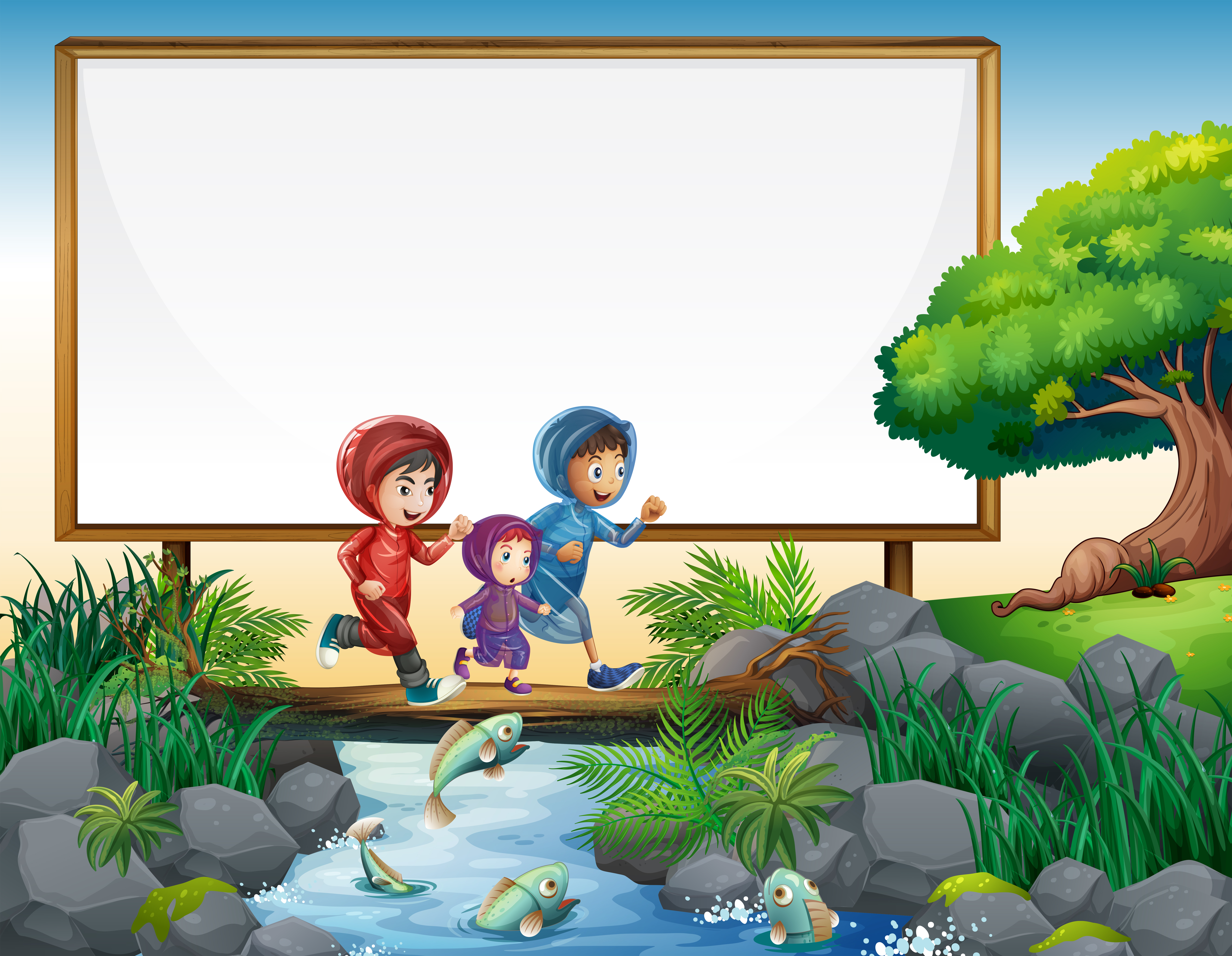 Download Border template with three kids running on bridge ...