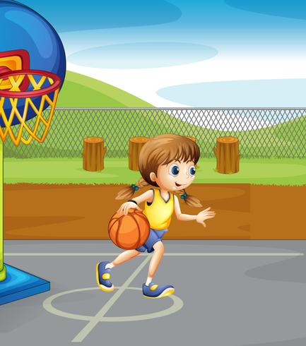 Girl playing basketball in the court vector