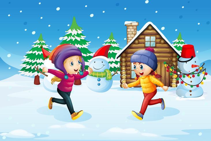 Girls playing in snow field vector