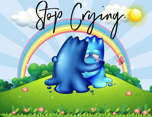 Two monsters hugging in park with phrase stop crying vector